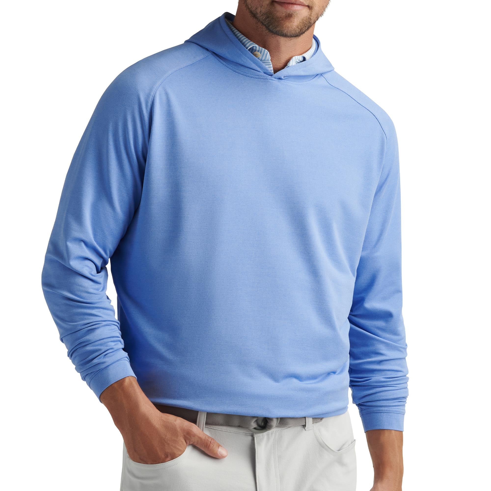 Model front view in Peter Millar Pine Performance Hoodie – lightweight men's golf hoodie in Blue Sea